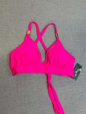 Blooming Jelly Neon Pink Halter Bikini Top with Mesh V-Neck and Gold Hardware De